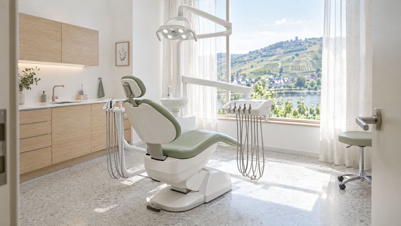 Behandlungsstuhl vor einem Fenster mit Blick auf Weinberge am Rhein (Symbolbild)