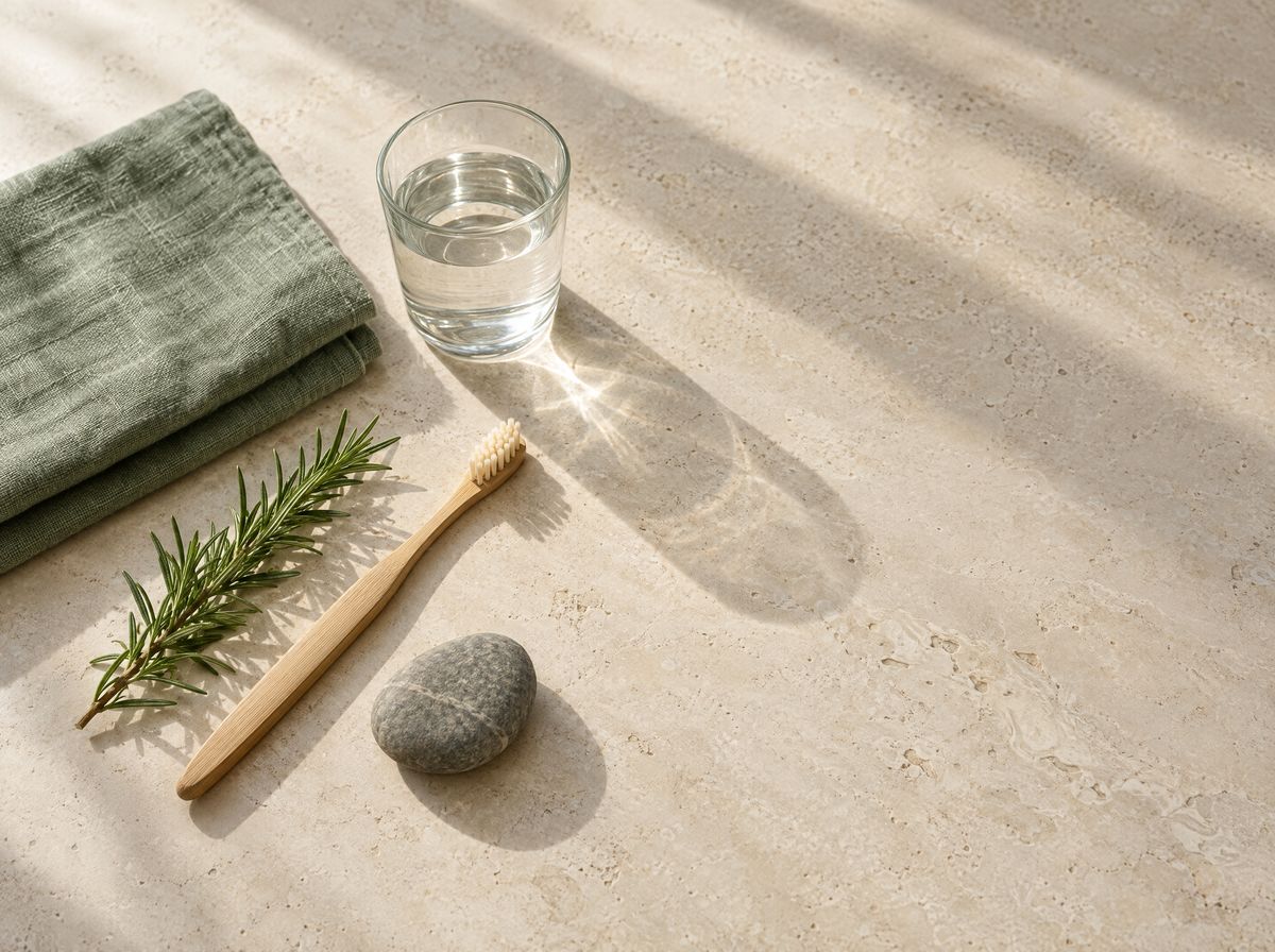 Bambus-Zahnbürste, Wasserglas und Leinentuch auf hellem Kalkstein (Symbolbild)